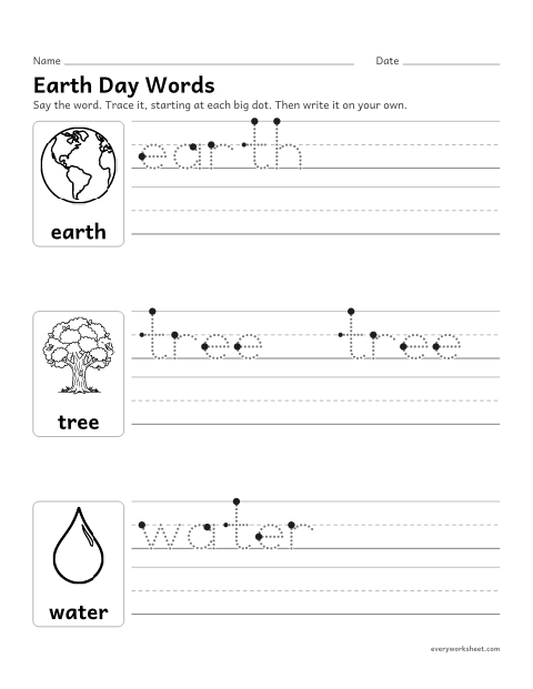 Preview of the printable “Earth day words Tracing: Earth, Tree, water” worksheet: tracing and writing earth, tree and water