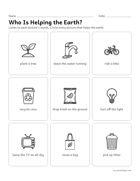 Preview of the printable “Earth Helpers: circle the ways to help” worksheet: telling which actions help the earth