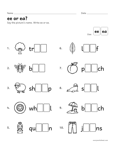 Preview of the printable “ee or ea? fill in” worksheet: writing ee or ea in long e picture words
