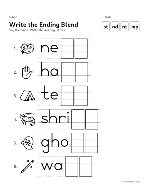 Preview of the printable “Write the ending blend” worksheet: writing the blend at the end of a word (-st, -nd, -nt, -mp)
