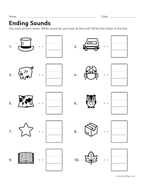 Preview of the printable “Ending Sounds: write the last letter 2” worksheet: hearing the last sound in a word and writing its letter