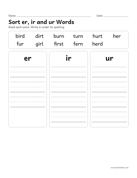 Preview of the printable “Sort er, ir and ur words” worksheet: sorting words spelled er, ir and ur
