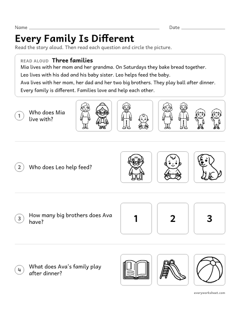 Preview of the printable “Every family is different Read-Aloud” worksheet: listening to a story about different families and answering questions about it