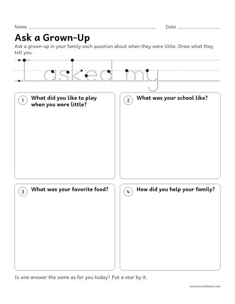 Preview of the printable “Family Interview: ask a Grown-Up” worksheet: asking a family member about life when they were young and comparing it with today