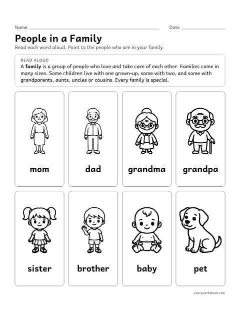 Preview of the printable “Family words chart” worksheet: naming the people in a family