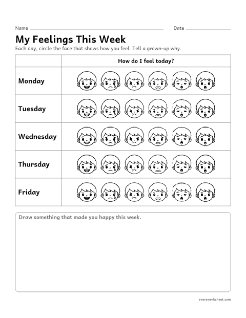 Preview of the printable “Feelings Check-In chart” worksheet: noticing and naming my feelings each day