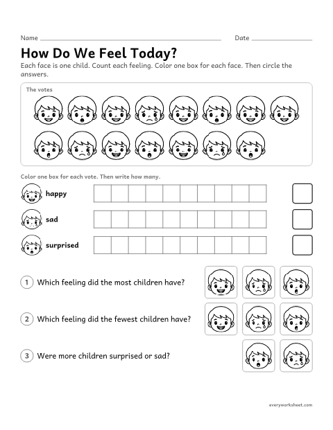 Preview of the printable “Feelings picture graph” worksheet: counting feelings in a class, making a picture graph and comparing the counts
