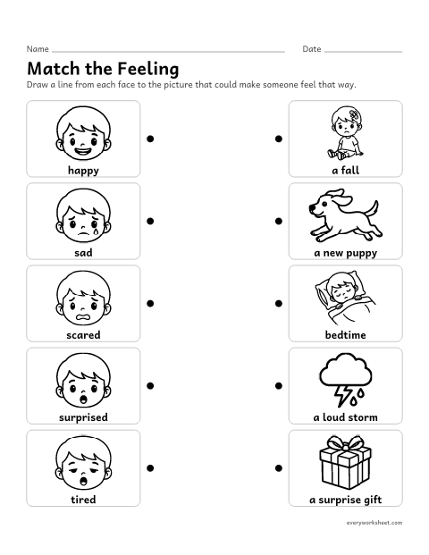 Preview of the printable “Feelings matching” worksheet: matching feelings to everyday events that cause them