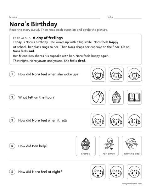 Preview of the printable “Feelings Read-Aloud: Nora's birthday” worksheet: listening to a story and naming how a character feels