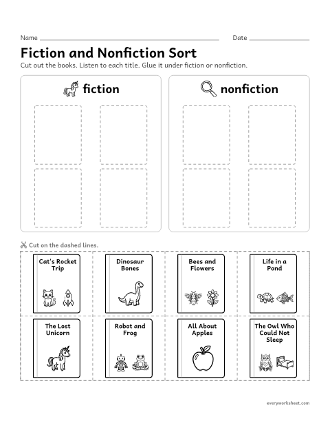 Preview of the printable “Fiction and nonfiction sort” worksheet: sorting books into fiction and nonfiction