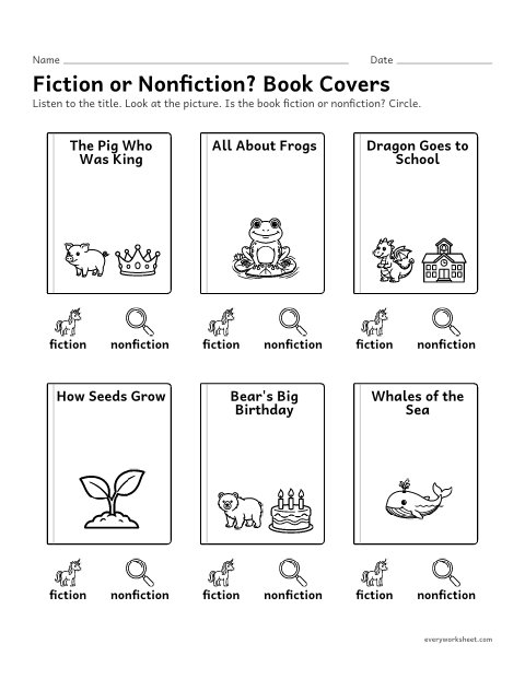 Preview of the printable “Fiction or Nonfiction? book covers” worksheet: sorting books into fiction and nonfiction