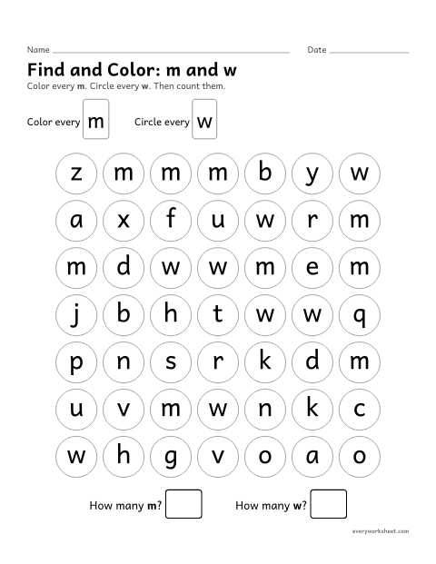 Preview of the printable “Find and Color: m and w” worksheet: telling look-alike letters m and w apart