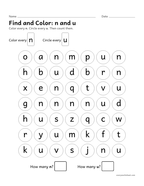 Preview of the printable “Find and Color: n and u” worksheet: telling look-alike letters n and u apart