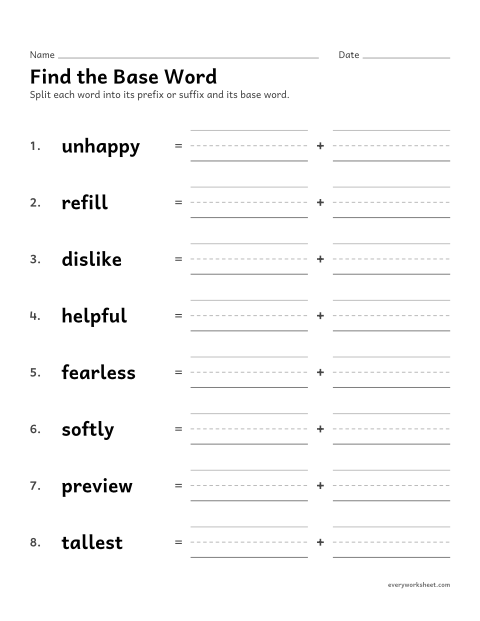 Preview of the printable “Find the base Word: prefixes and suffixes” worksheet: splitting a word into its base word and its prefix or suffix