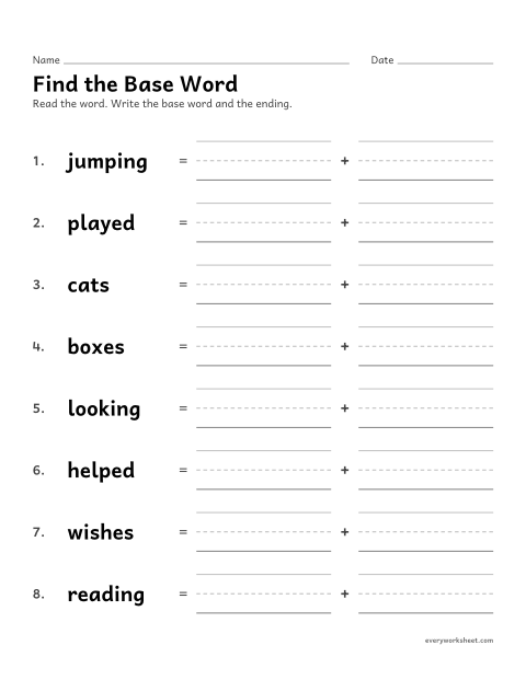 Preview of the printable “Find the base word” worksheet: splitting a word into its base word and ending
