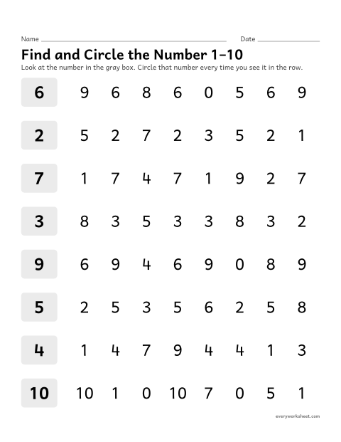 Preview of the printable “Find and circle the number 1–10” worksheet: recognizing the numbers 1 to 10