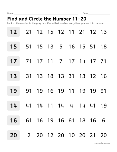Preview of the printable “Find and circle the number 11–20” worksheet: recognizing the numbers 11 to 20