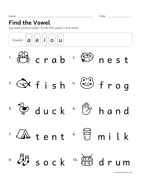 Preview of the printable “Find the vowel in each word 2” worksheet: finding the vowel in short words