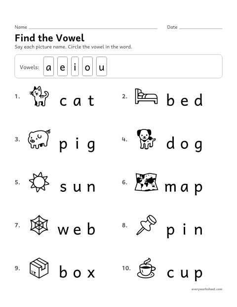Preview of the printable “Find the vowel in each word” worksheet: finding the vowel in short words
