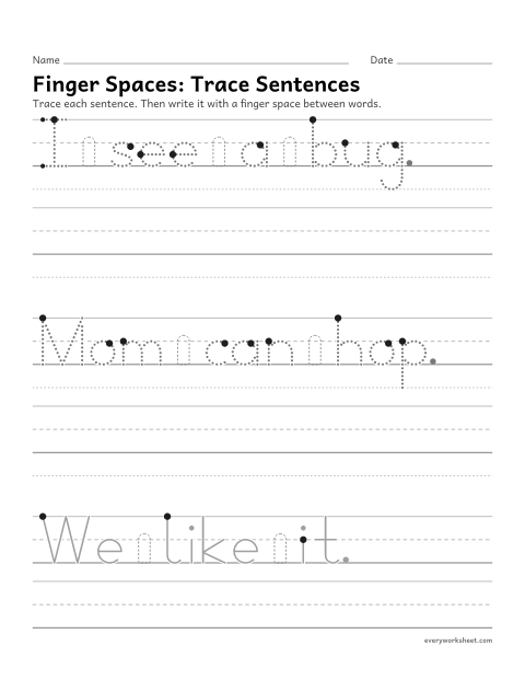 Preview of the printable “Finger Spaces: trace sentences” worksheet: leaving a finger space between words