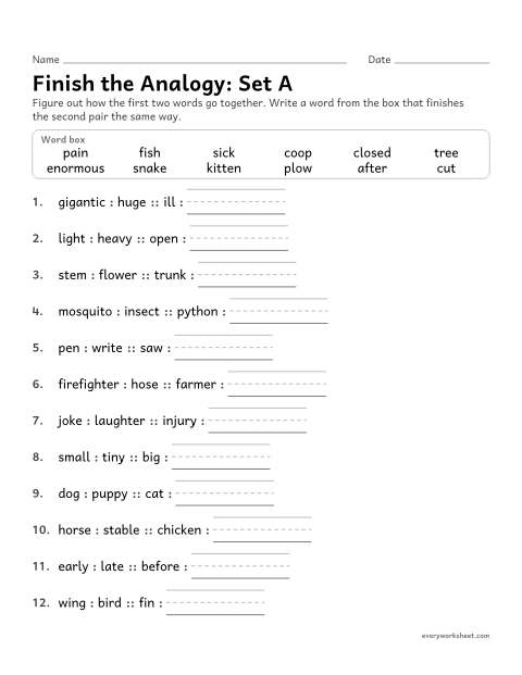 Preview of the printable “Finish the Analogy: word box (Set A)” worksheet: finishing analogies with words from a word box