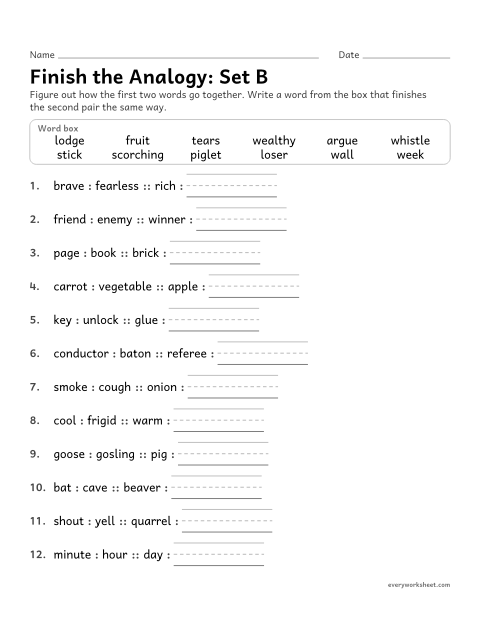 Preview of the printable “Finish the Analogy: word box (Set B)” worksheet: finishing analogies with words from a word box