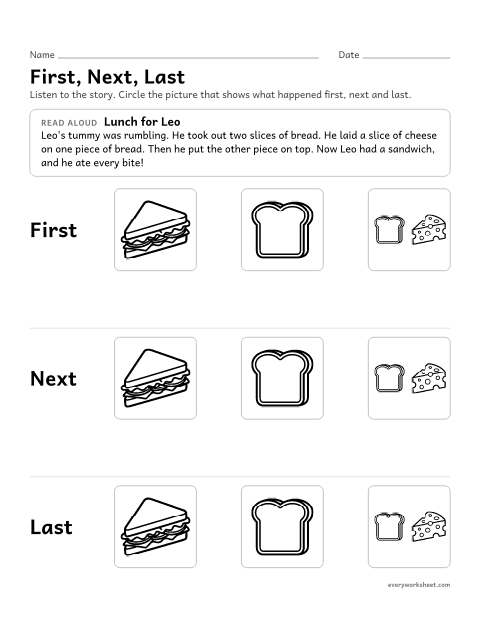 Preview of the printable “First, Next, last story sequencing 2” worksheet: retelling a read-aloud story in order using first, next and last