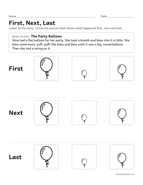 Preview of the printable “First, Next, last story sequencing 4” worksheet: retelling a read-aloud story in order using first, next and last