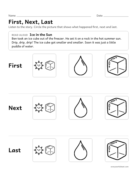 Preview of the printable “First, Next, last story sequencing 5” worksheet: retelling a read-aloud story in order using first, next and last