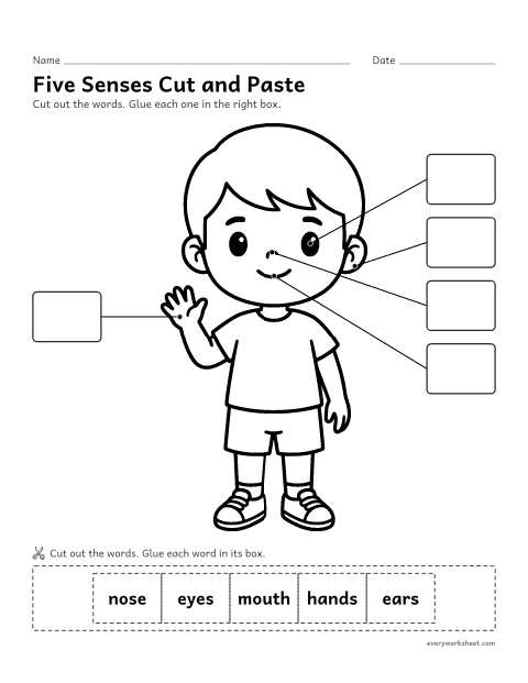 Preview of the printable “Five senses cut and paste labels” worksheet: labeling the body parts for the five senses