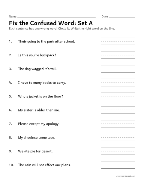 Preview of the printable “Fix the confused Word: proofreading set A” worksheet: finding and fixing a commonly confused word in a sentence