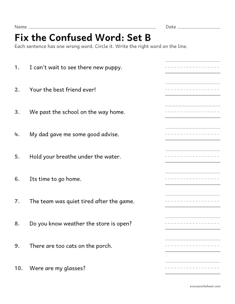 Preview of the printable “Fix the confused Word: proofreading set B” worksheet: finding and fixing a commonly confused word in a sentence