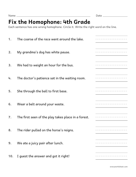 Preview of the printable “Fix the Homophone: 4th grade proofreading” worksheet: finding and fixing the wrong homophone in a sentence
