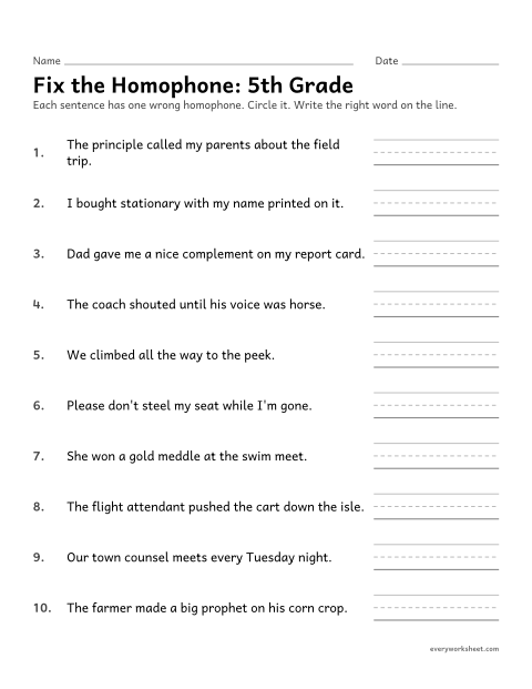 Preview of the printable “Fix the Homophone: 5th grade proofreading” worksheet: finding and fixing the wrong homophone in a sentence