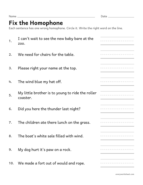 Preview of the printable “Fix the Homophone: proofreading sentences” worksheet: finding and fixing the wrong homophone in a sentence