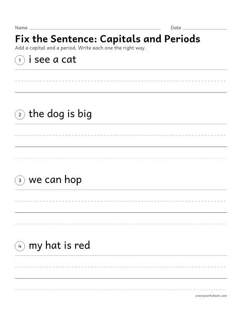 Preview of the printable “Fix the Sentence: capitals and periods” worksheet: correcting sentences with a capital letter and a period