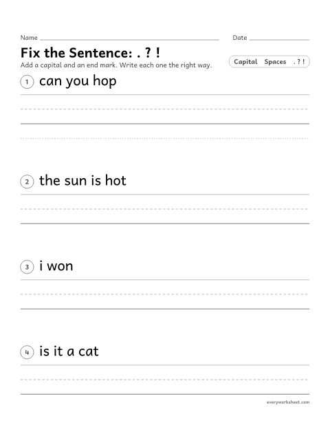 Preview of the printable “Fix the Sentence: . ? !” worksheet: correcting sentences with a capital and the right end mark