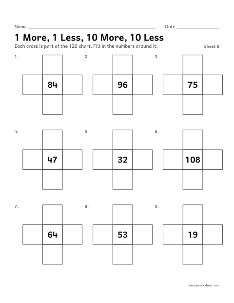 Preview of the printable “1 More, 1 Less, 10 More, 10 Less, sheet B” worksheet: finding 1 more, 1 less, 10 more and 10 less on the 120 chart