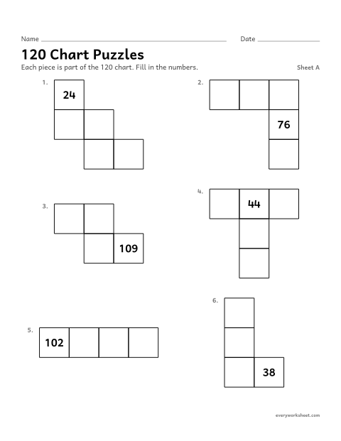 Preview of the printable “120 chart Puzzles, sheet A” worksheet: using the 1 more and 10 more patterns of the 120 chart