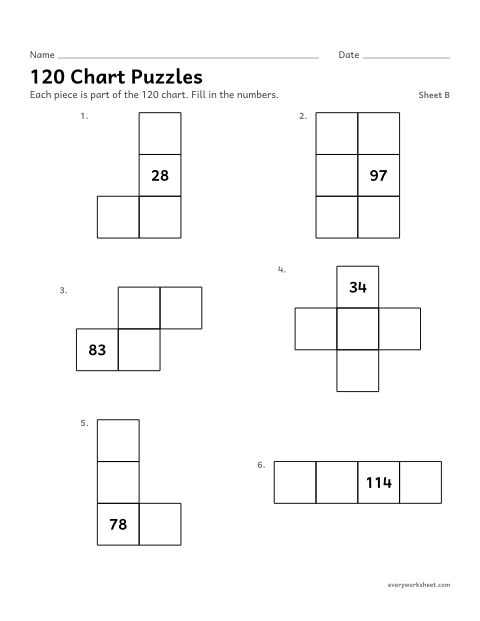 Preview of the printable “120 chart Puzzles, sheet B” worksheet: using the 1 more and 10 more patterns of the 120 chart