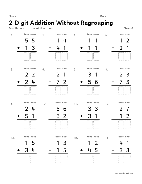 Preview of the printable “2-Digit addition without Regrouping, sheet A” worksheet: adding two two-digit numbers without regrouping