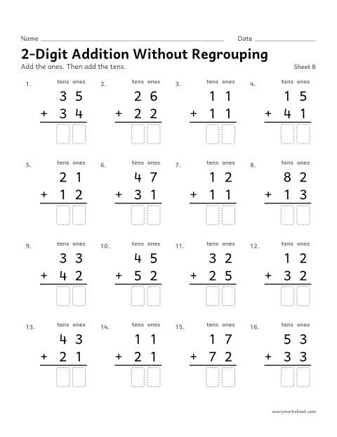 Preview of the printable “2-Digit addition without Regrouping, sheet B” worksheet: adding two two-digit numbers without regrouping