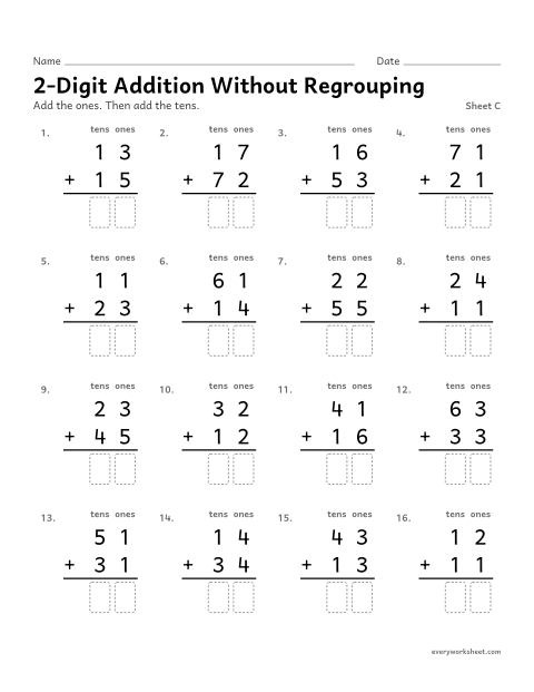 Preview of the printable “2-Digit addition without Regrouping, sheet C” worksheet: adding two two-digit numbers without regrouping