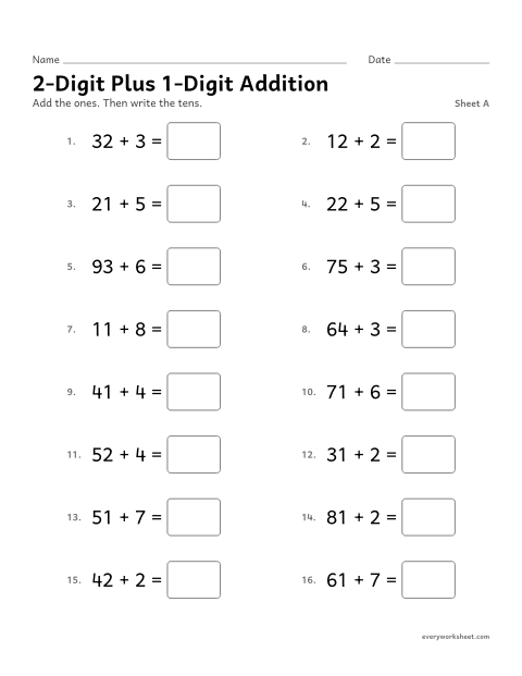 Preview of the printable “2-Digit plus 1-Digit Addition, sheet A” worksheet: adding a one-digit number to a two-digit number without regrouping
