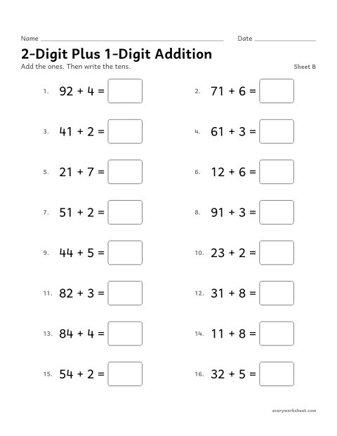 Preview of the printable “2-Digit plus 1-Digit Addition, sheet B” worksheet: adding a one-digit number to a two-digit number without regrouping