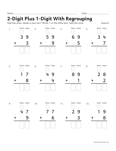 Preview of the printable “2-Digit plus 1-Digit with Regrouping, sheet B” worksheet: adding a one-digit number to a two-digit number, making a new ten