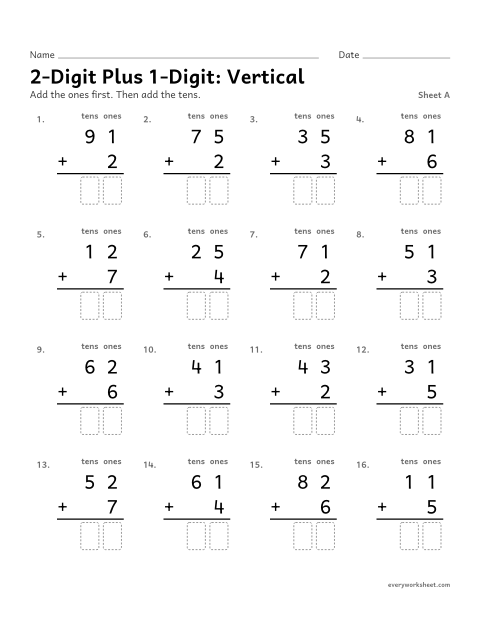 Preview of the printable “2-Digit plus 1-Digit: Vertical, sheet A” worksheet: adding a one-digit number to a two-digit number in columns