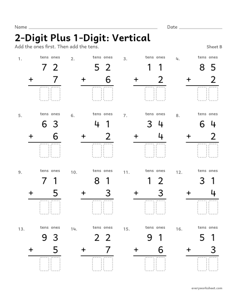 Preview of the printable “2-Digit plus 1-Digit: Vertical, sheet B” worksheet: adding a one-digit number to a two-digit number in columns