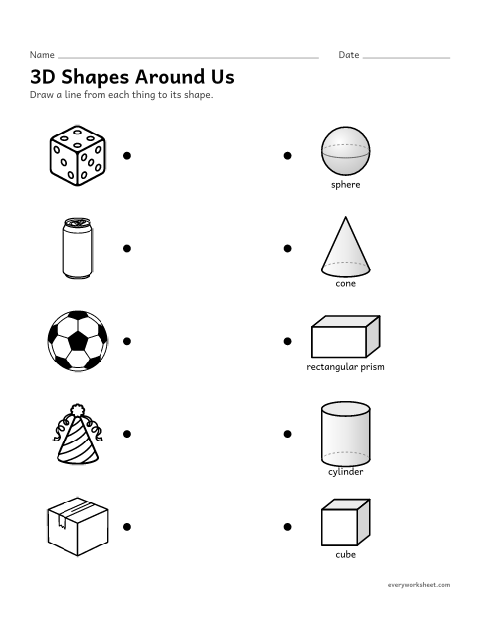 Preview of the printable “3D shapes around us” worksheet: matching everyday things to cubes, cones, cylinders, spheres and prisms