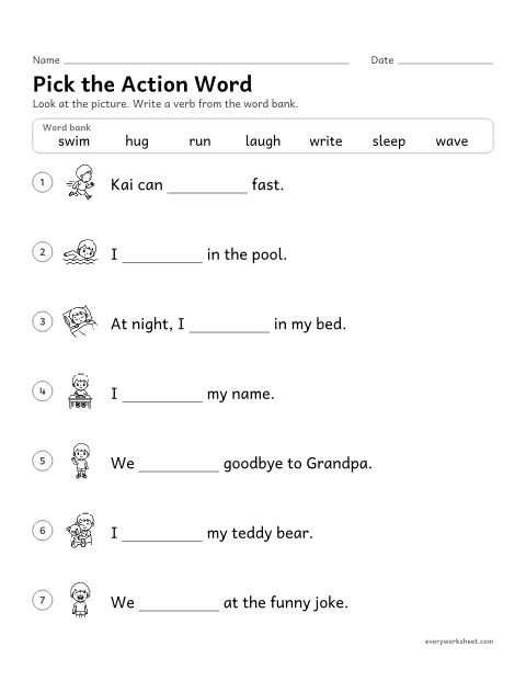 Preview of the printable “Pick the action word” worksheet: using action verbs that match a picture